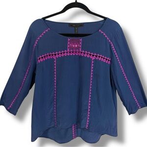 BCBG Max Azria Silk Embroidered Blouse Blue Pink High Low 3/4 Size M